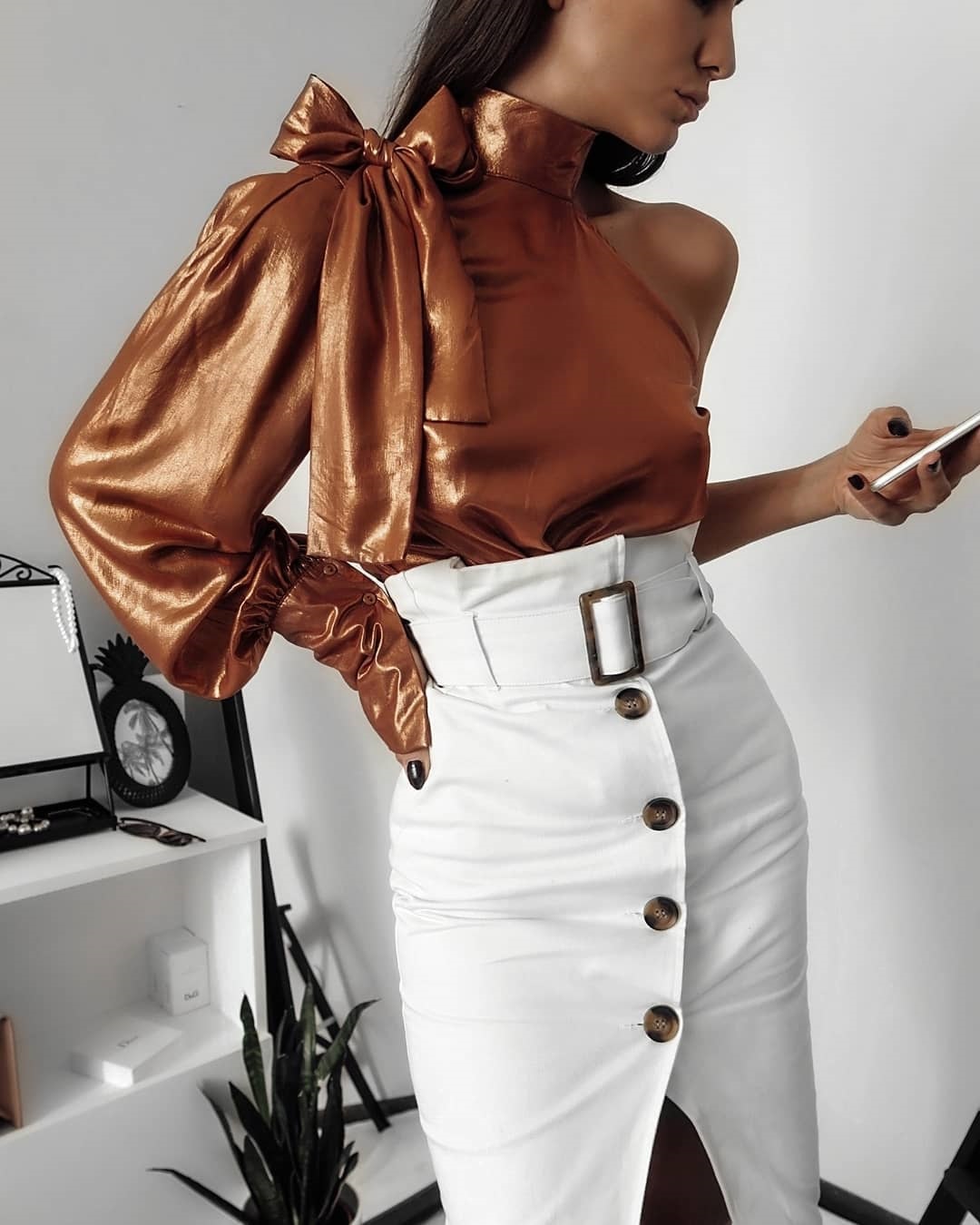 

Solid One Shoulder Puffed Sleeve Blouse, Brown