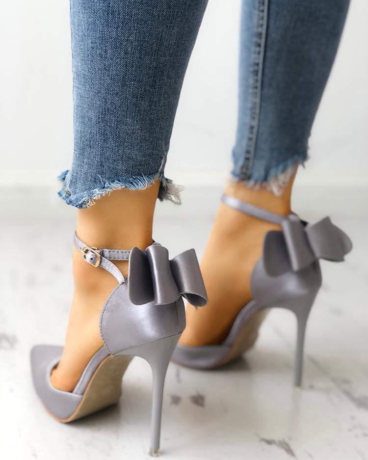

Satin Bowknot Ankle Strap Peep Toe Heels, Gray