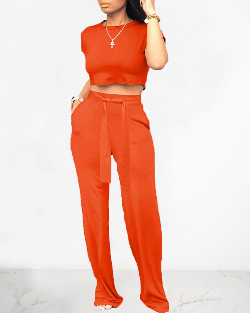 

Solid Short Sleeve Crop Top & Pant Sets, Orange