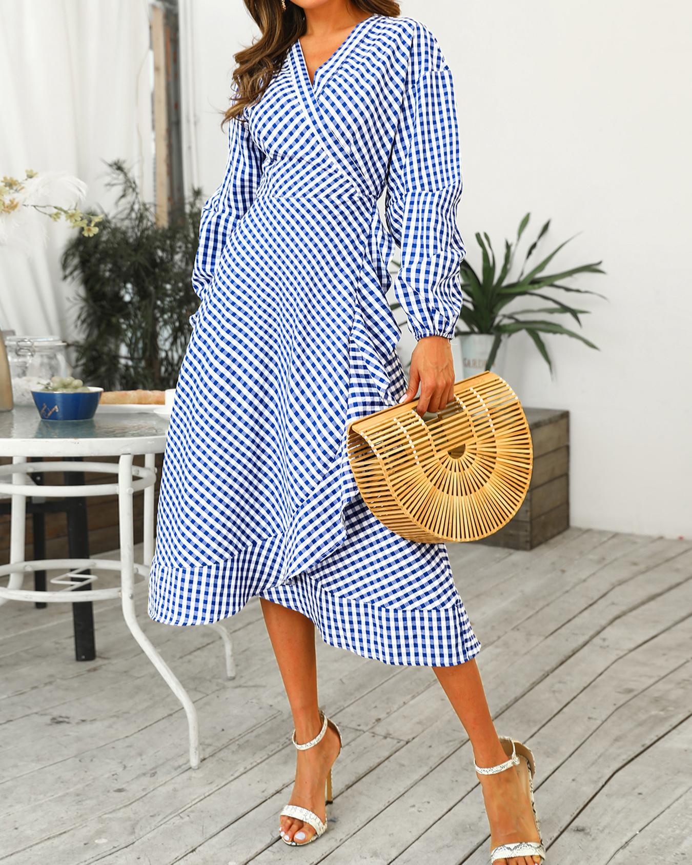 

Gingham Lantern Sleeve Flounced Dress, Blue