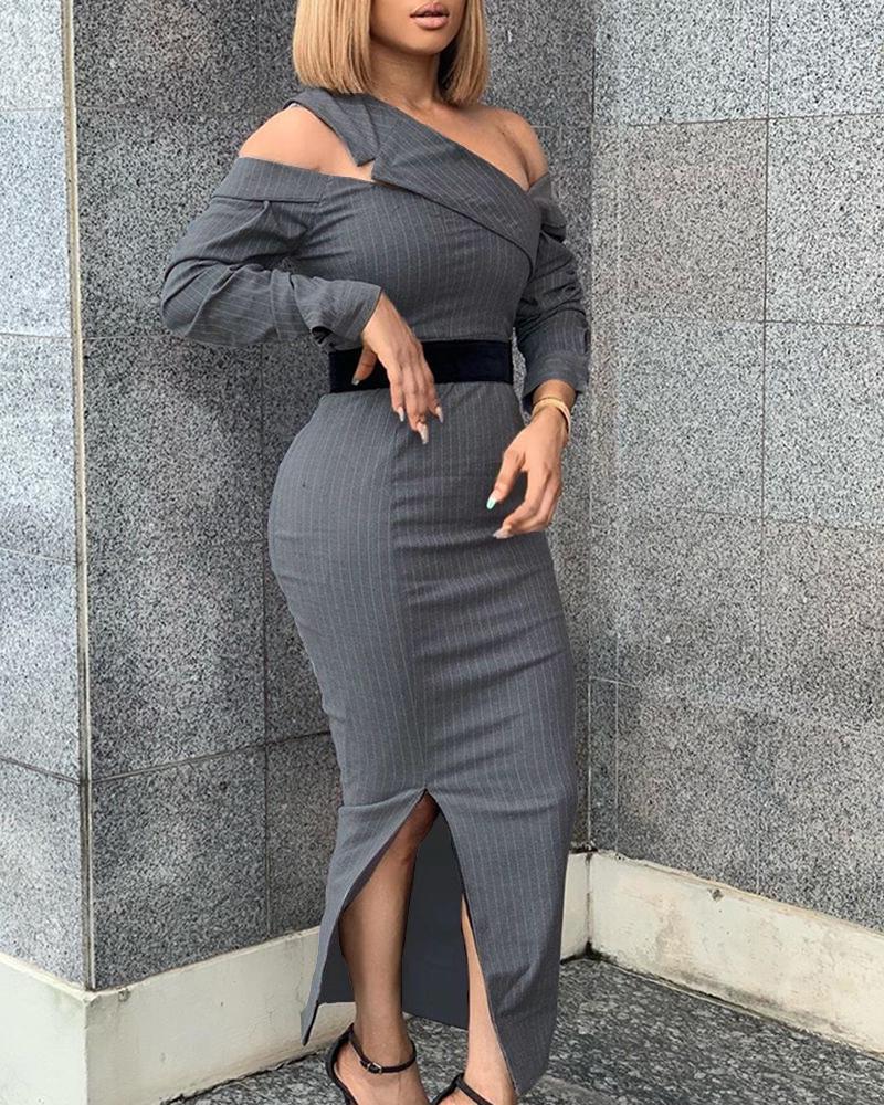 

Striped Cold Shoulder Slit Bodycon Dress