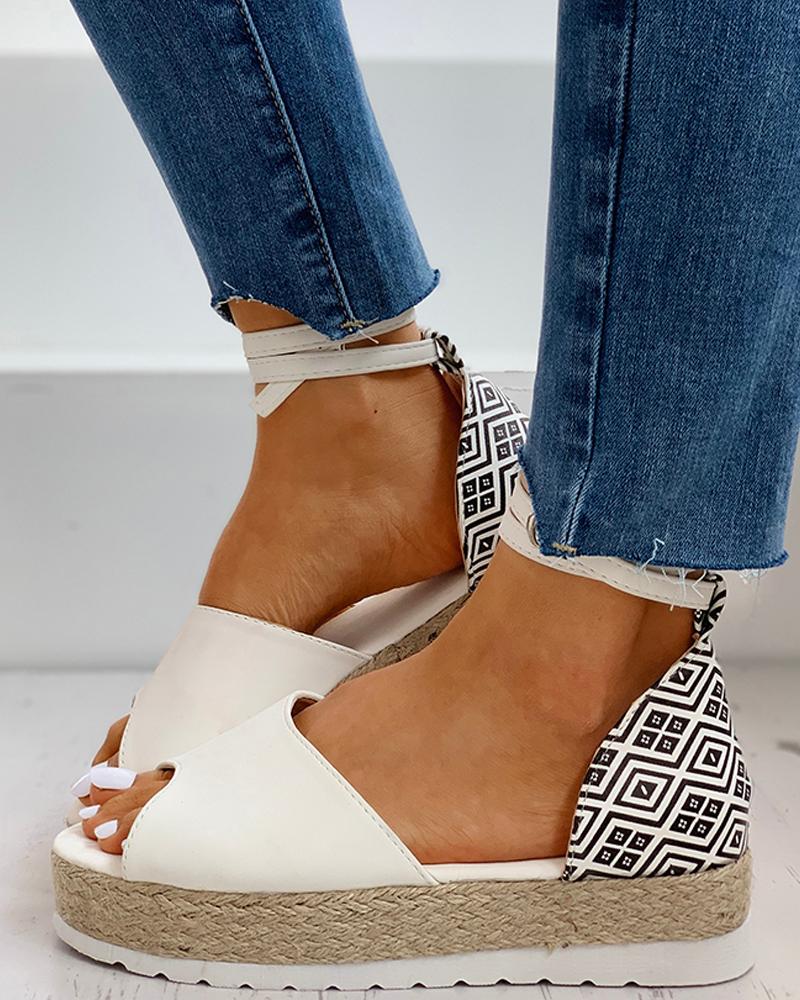 

Peep Toe Woven Flax Heeled Sandals, White