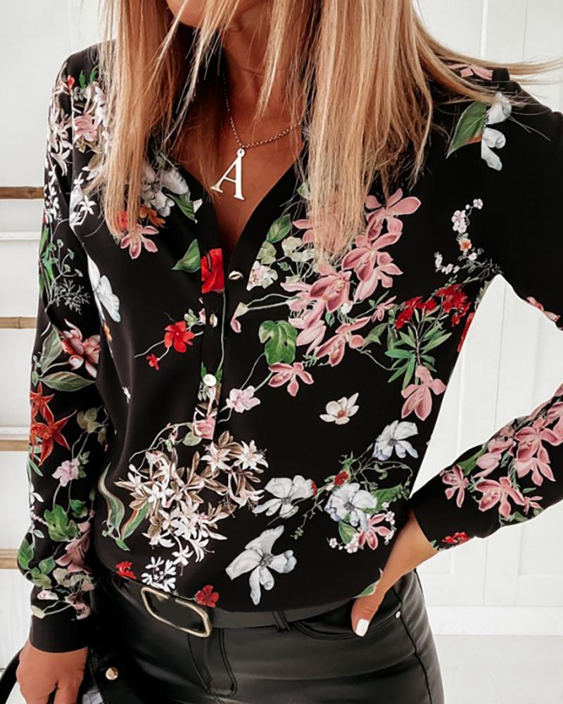 

Floral Print Button Design Long Sleeve Shirt, Black