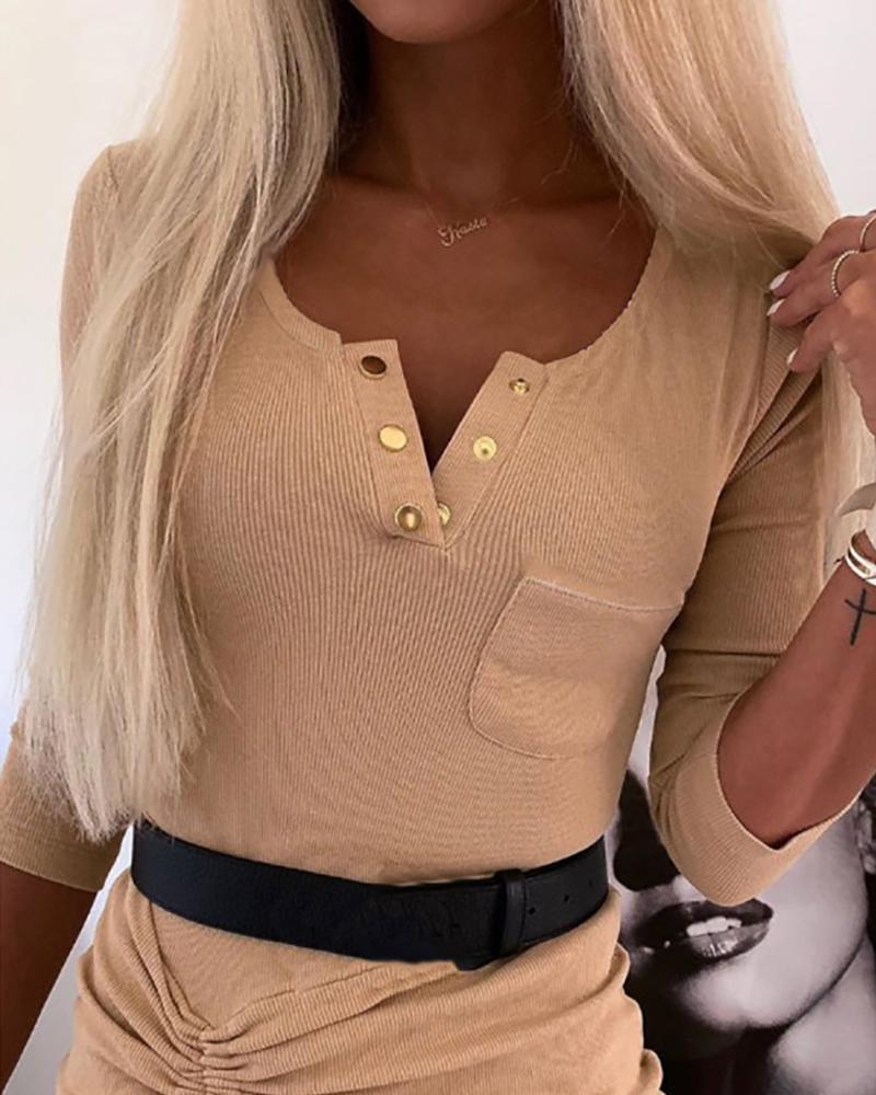 

Button Pocket Design Long Sleeve T-shirt, Apricot