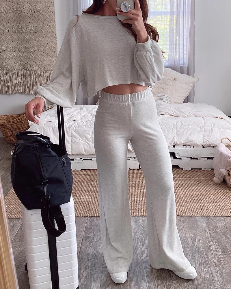 

Round Neck Long Sleeve Top & Pants Set, Beige