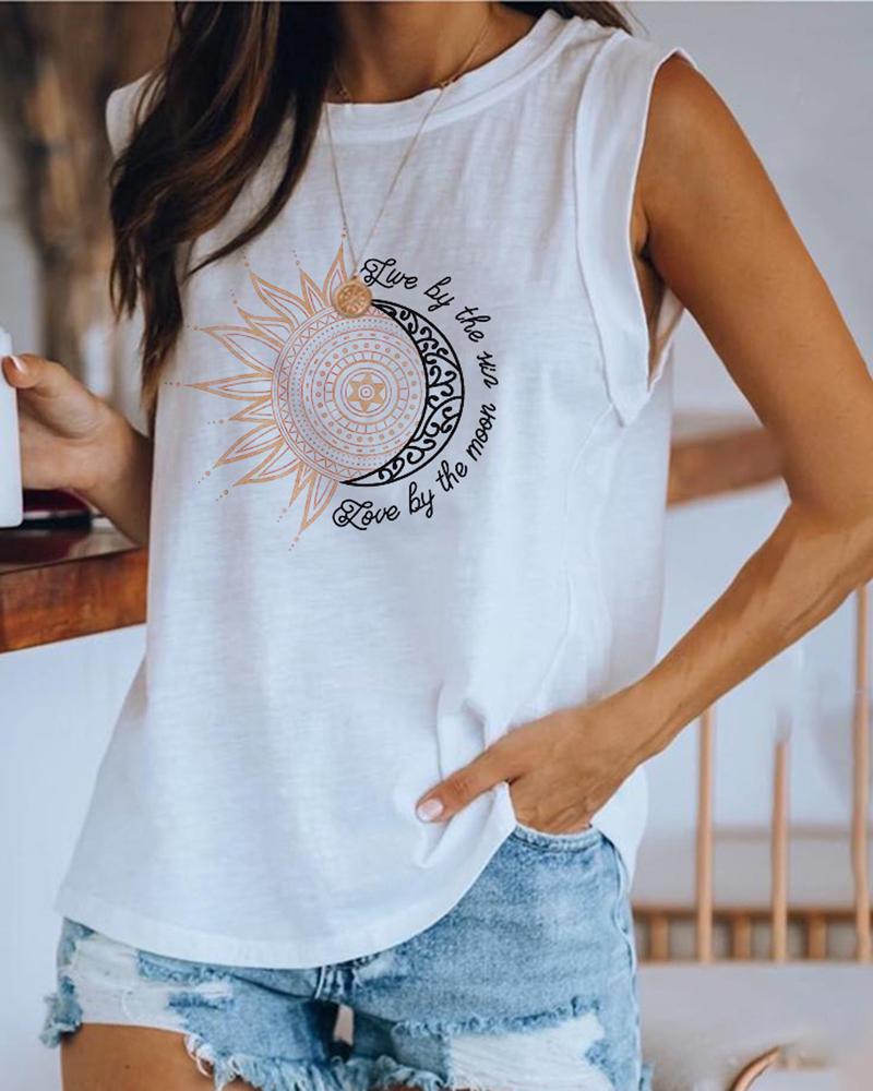

Sun Moon Pattern Print Sleeveless Casual Top, White