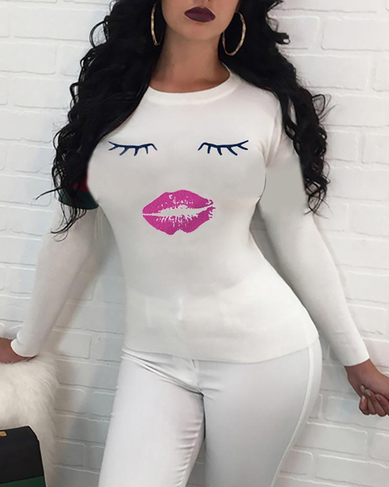 

Lip Print Long Sleeve Top & Pant Set, White