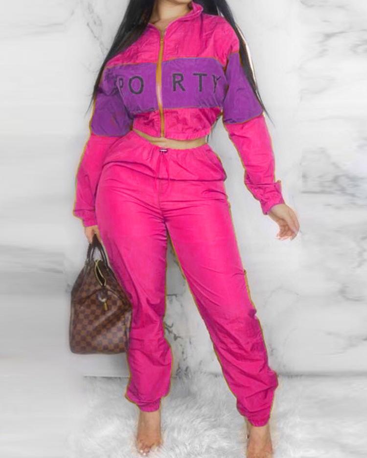 

Letter Print Splicing Top & Pant Sets, Hot pink