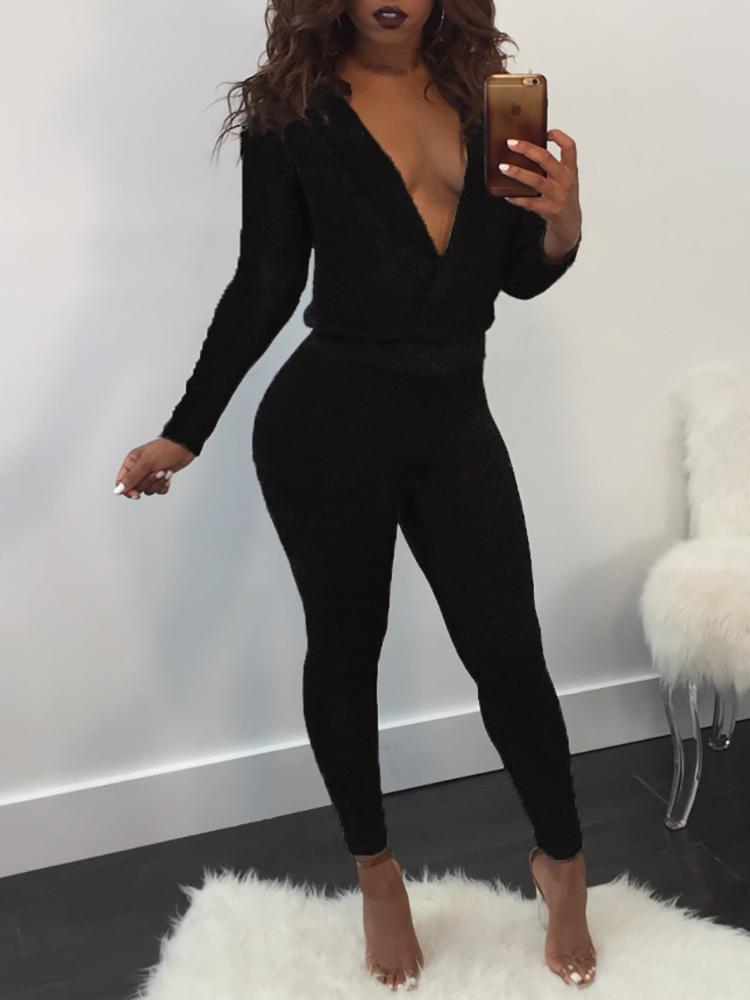 

Deep V Open Back Slinky Jumpsuit, Black