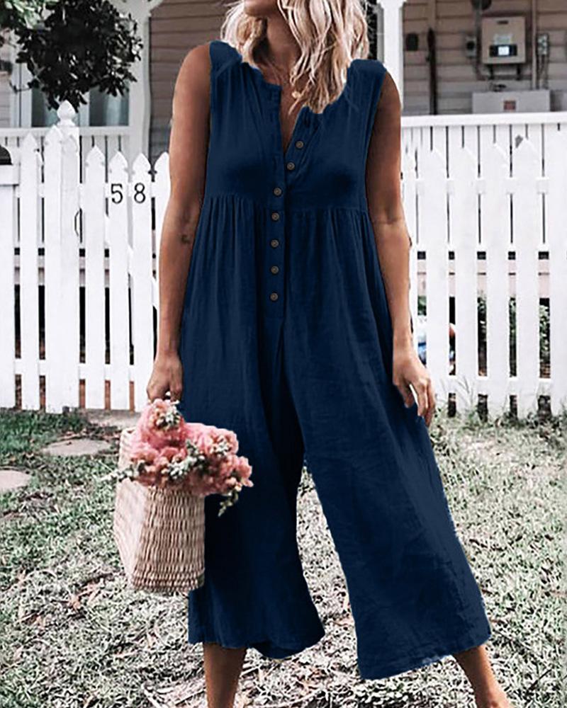 

Sleeveless V Neck Wide Leg Jumpsuit, Dark blue