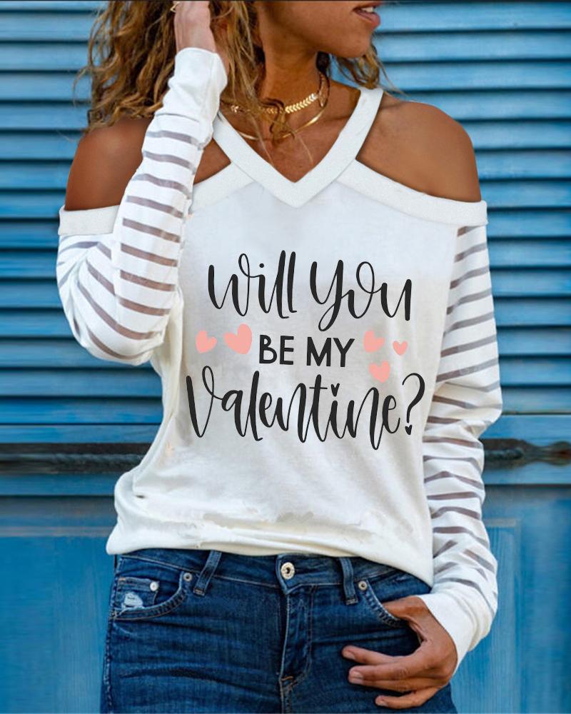 

Valentine' Day Letter Heart Print Cold Shoulder Top, White