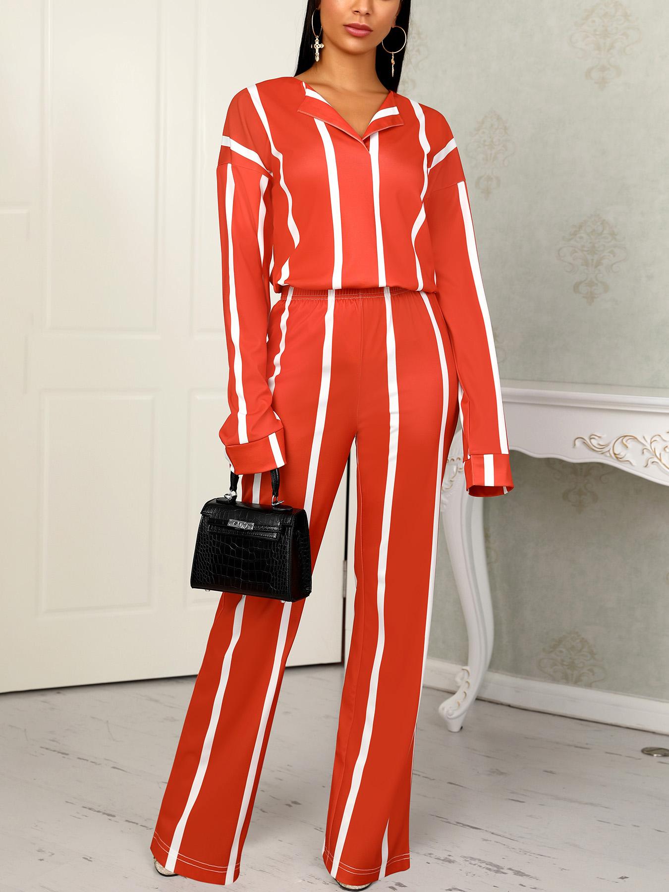 

Contrast Stripes Long Sleeve Blouse & Pants Sets