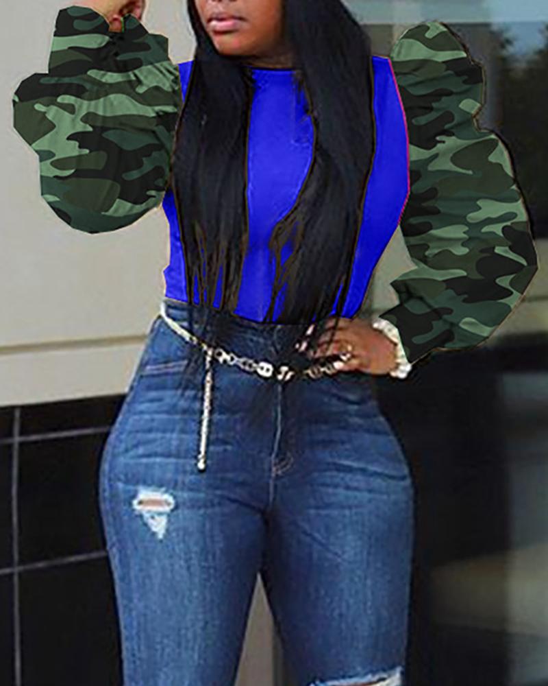 

Camouflage Print Puffed Sleeve Blouse, Blue