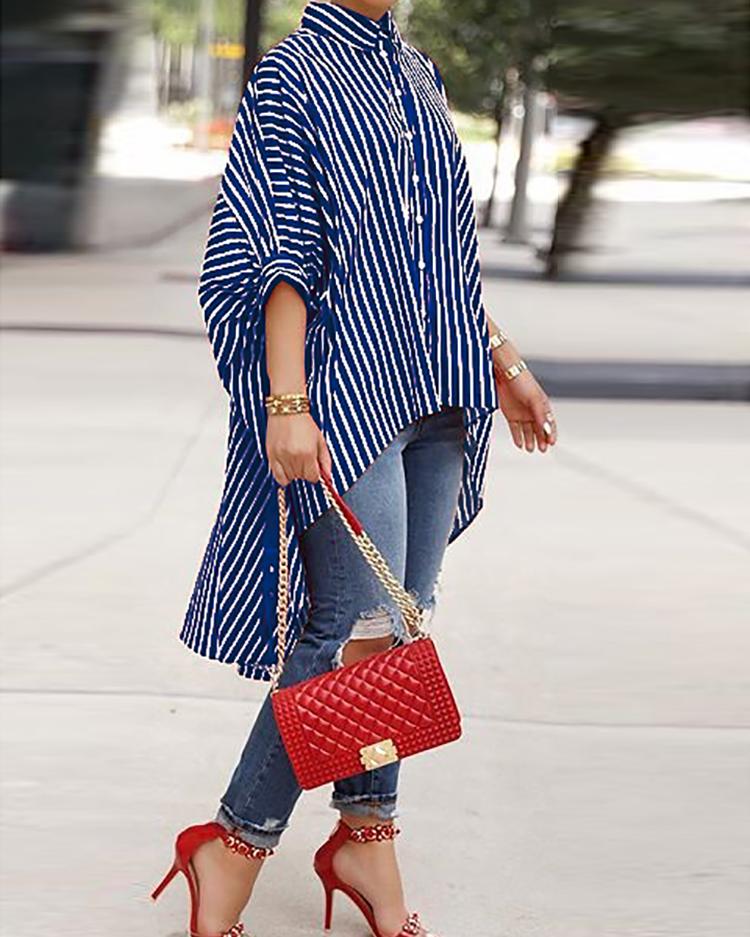

Striped Batwing Sleeve Dip Hem Blouse, Blue