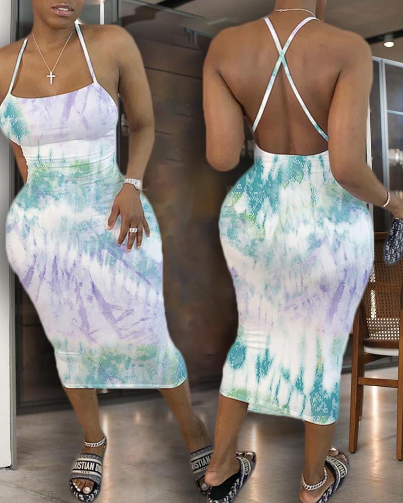 

Tie Dye Print Crisscross Backless Midi Dress, Green
