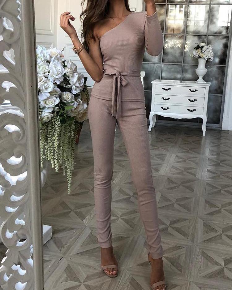 

One Sleeve Tie Waist Top & Long Pants Sets, Light purple