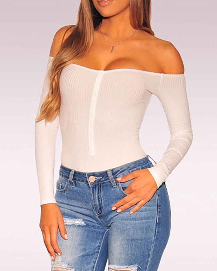 

Off Shoulder Rib Button Detail Bodysuit, White