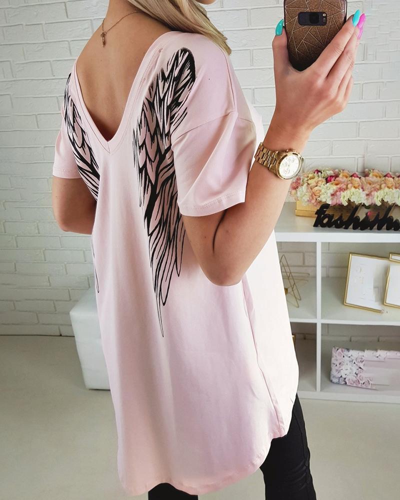 

Wing Print Back Short Sleeve Casual Blouse