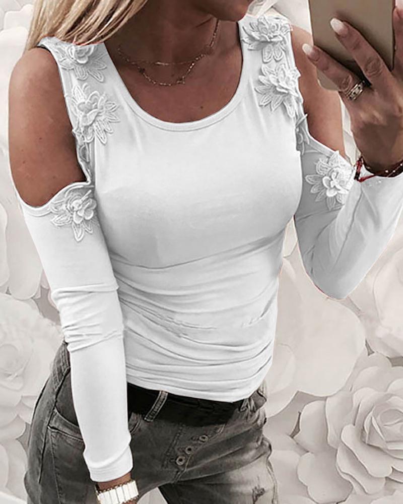 

Cold Shoulder Lace Applique T-Shirt, White