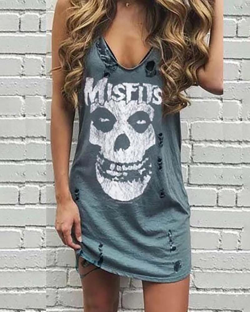 

Skull Letter Print Hollow Out Dress, Gray