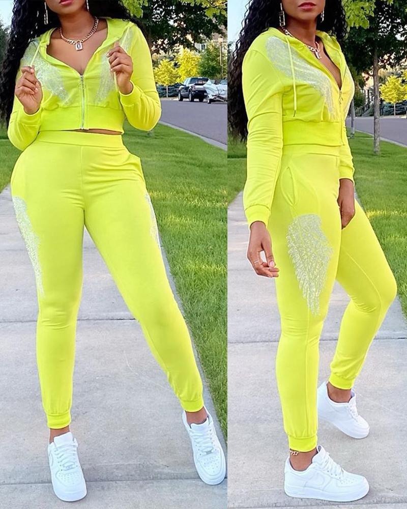 

Wings Print Zipper Design Hooded Top & High Waist Pants Sets, Yellow