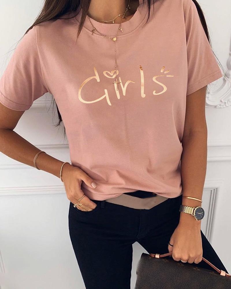 

Letter Print Round Neck T-Shirt, Pink