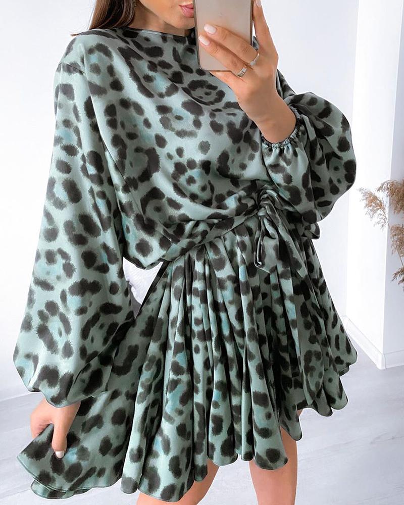 

Cheetah Print Long Sleeve Casual Dress, Green