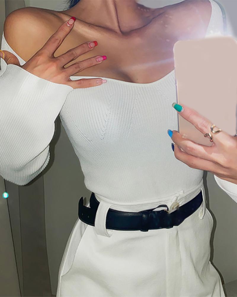 

Cold Shoulder Knit Long Sleeve Casual Sweater, White