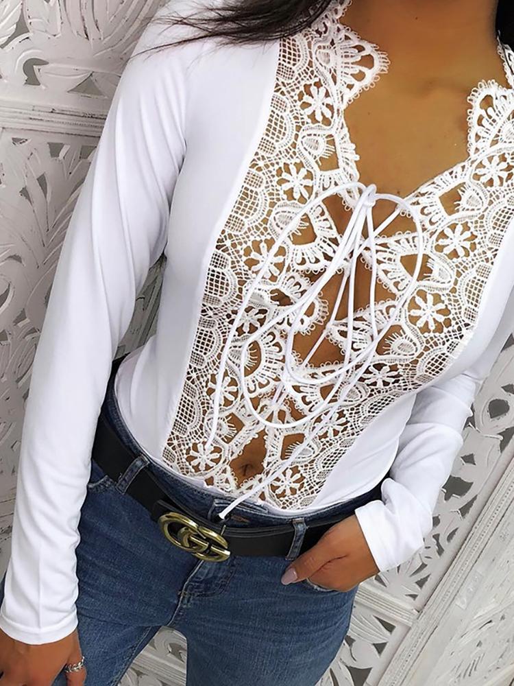 

Crochet Lace Insert Strappy Bodysuit, White