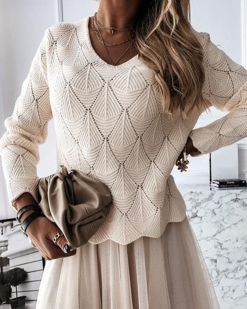 

Plain Hollow Out Long Sleeve Sweater, Beige