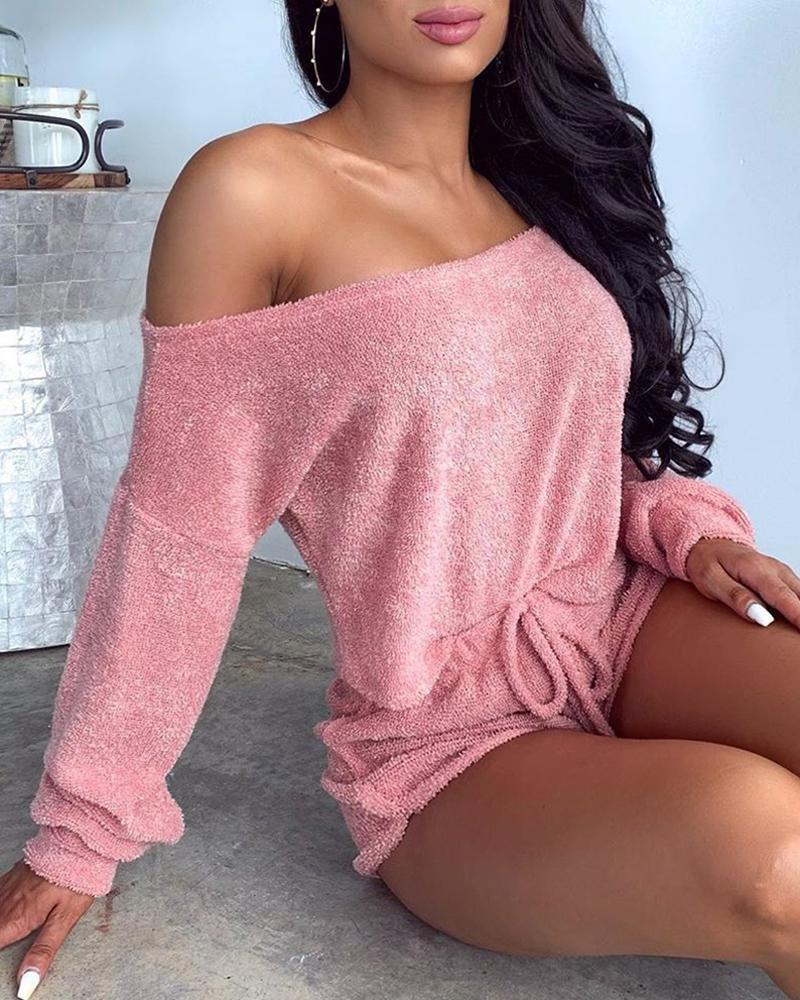 

Off Shoulder Fluffy Top & Shorts Set, Pink