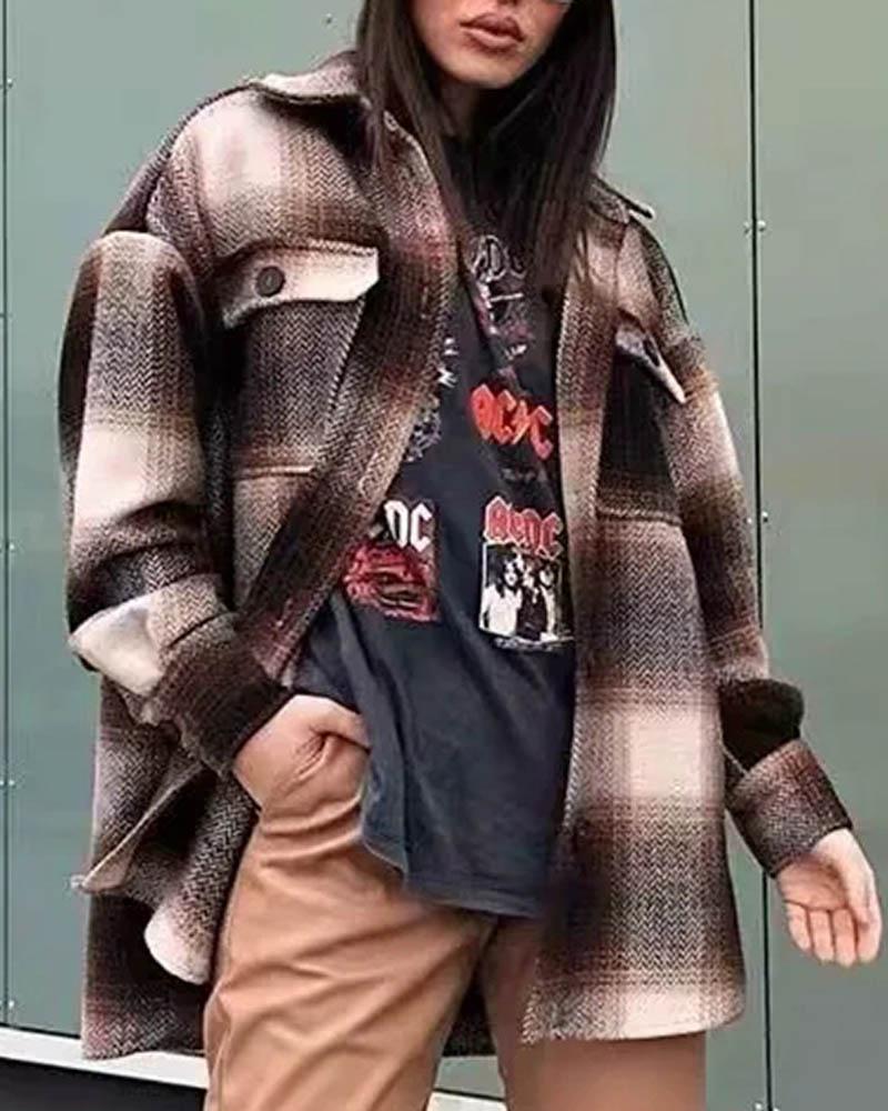 

Plaid Pocket Design Buttoned Casual Jacket, Brown