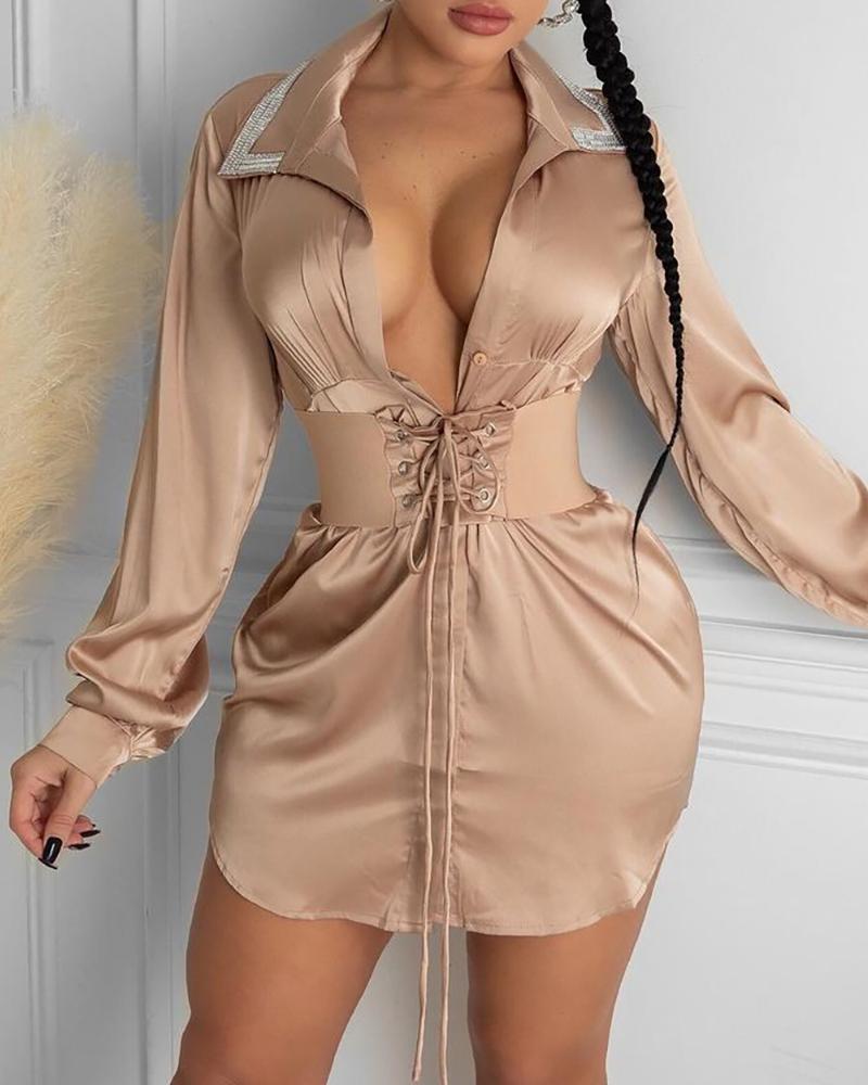 

Studded Button Front Long Sleeve Satin Shirt Dress, Apricot