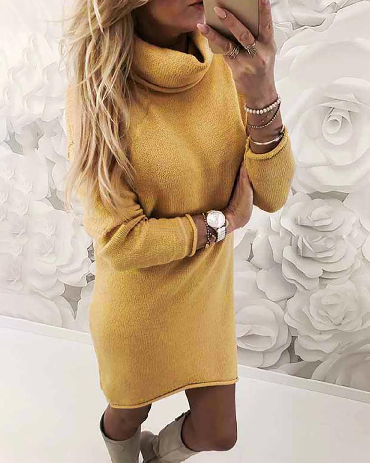 

Turtle Neck Slim Fit Plain Sweater Dress, Yellow