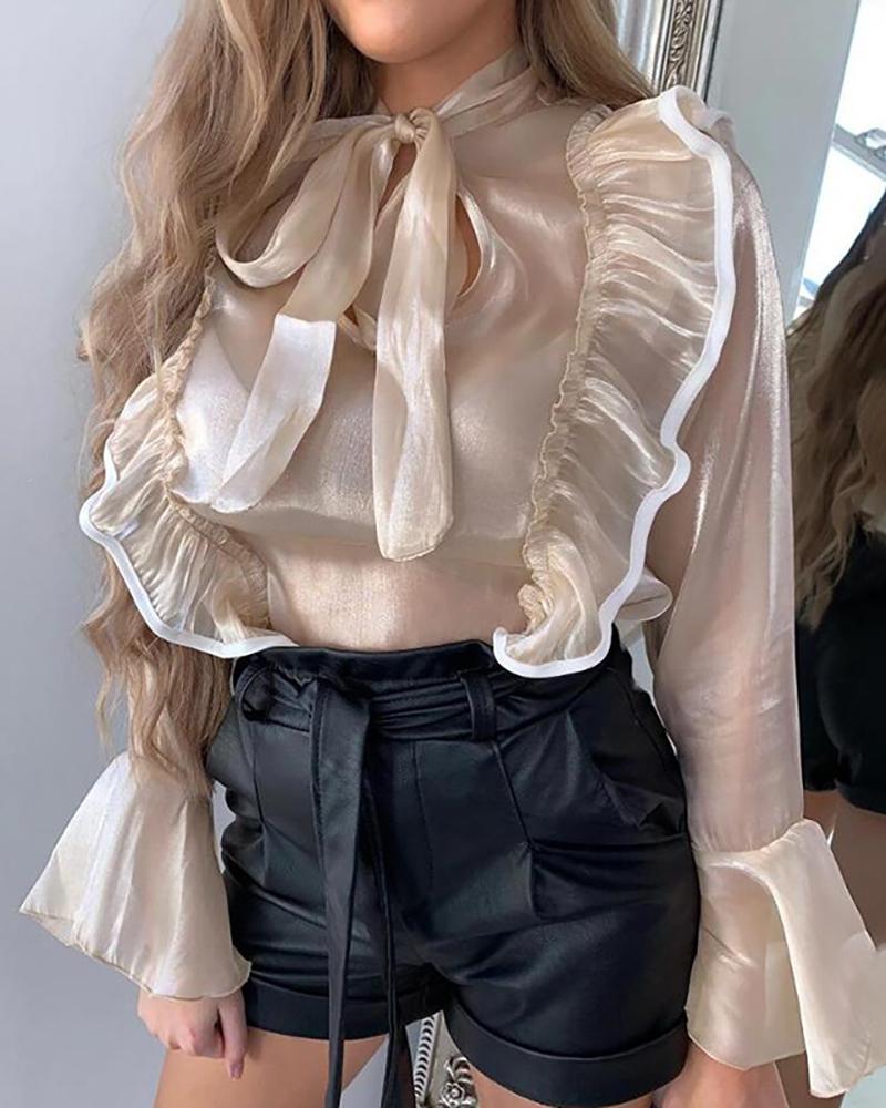 

Bell Sleeve Tie Neck Ruffles Blouse, Apricot