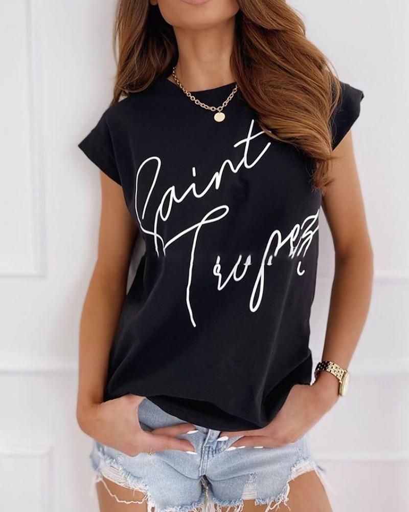 

Letter Print Round Neck Casual T-shirt, Black