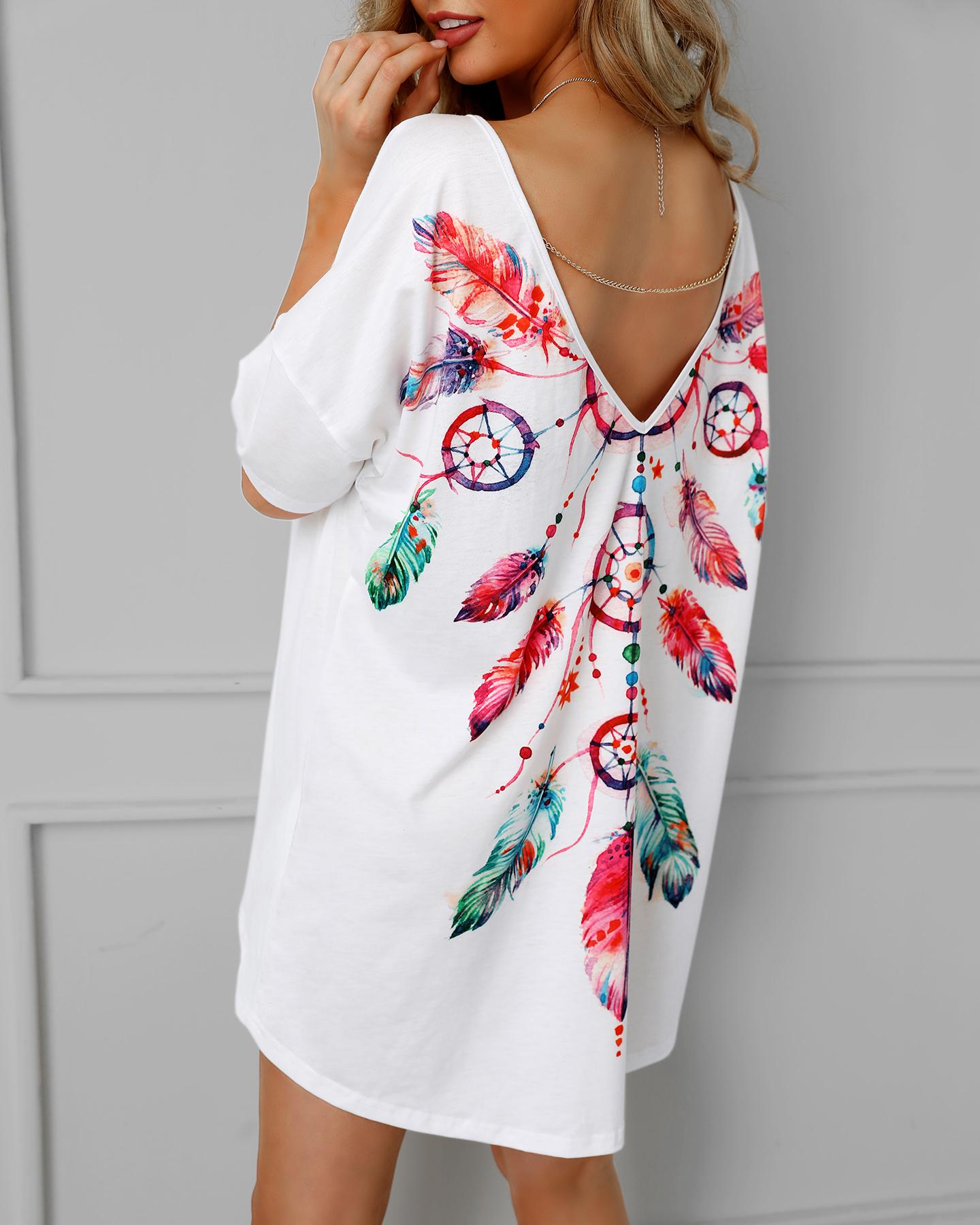 

Feather Print Open Back Casual Blouse, White
