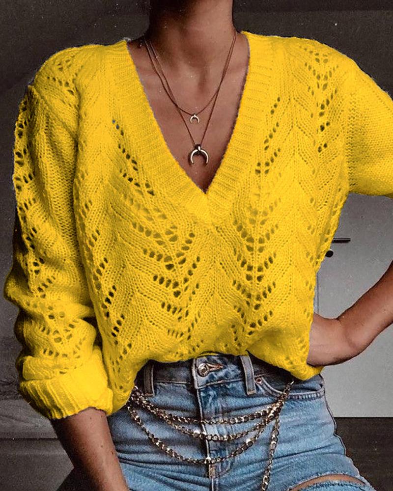 

Solid Eyelet Hollow Out Casual Sweater, Yellow