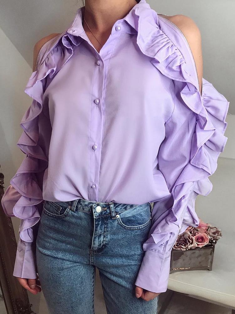 

Ruffles Cold Shoulder Button Up Blouse