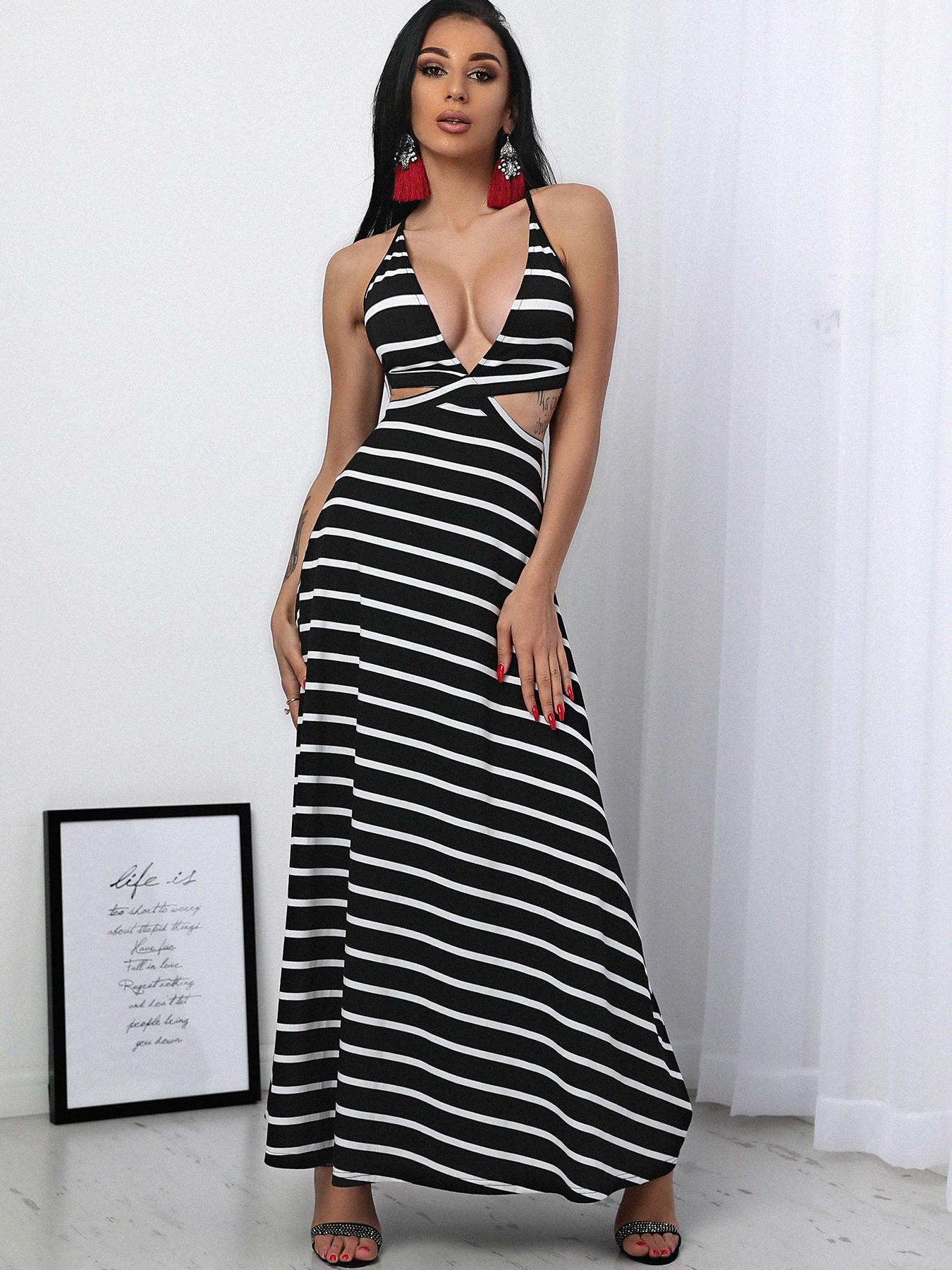 

Low Cut Stripe Cutout Tied Open Back Maxi Dress