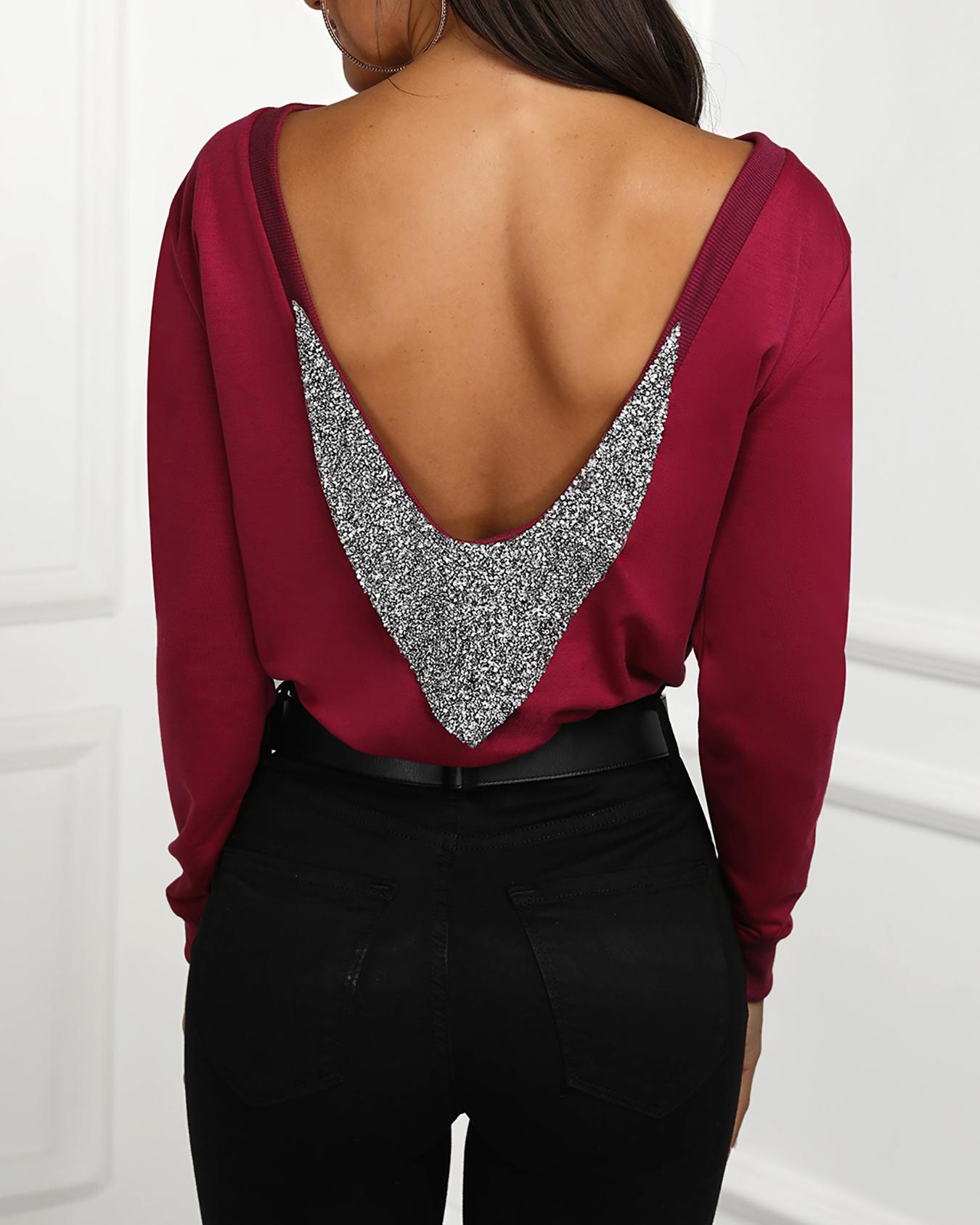 

Shiny Sequins Embellished Open Back Blouse, Rose red