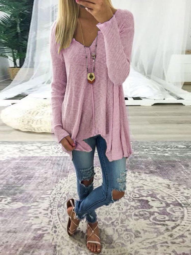 

Plus Size V Neck Rib Sweater, Pink