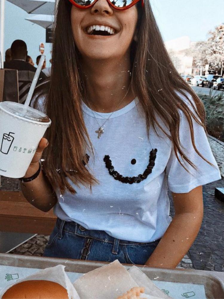 

Funny Printed Sequins Solid Short Sleeve Tee, White