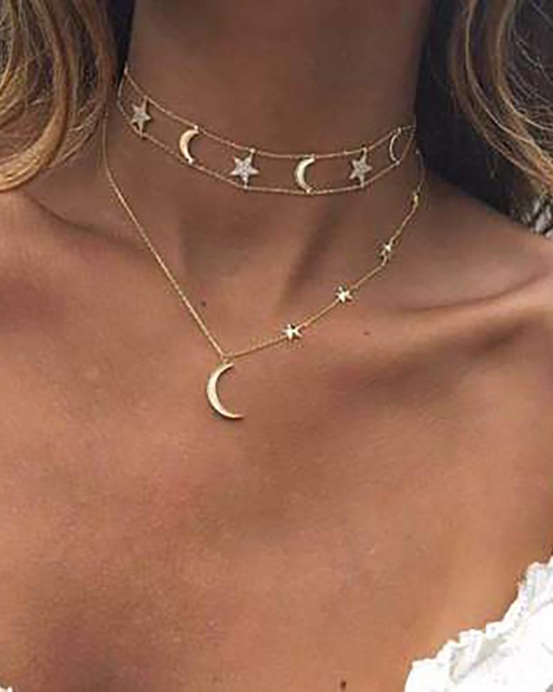 

Tiered Stars Moon Pendant Necklace, Gold