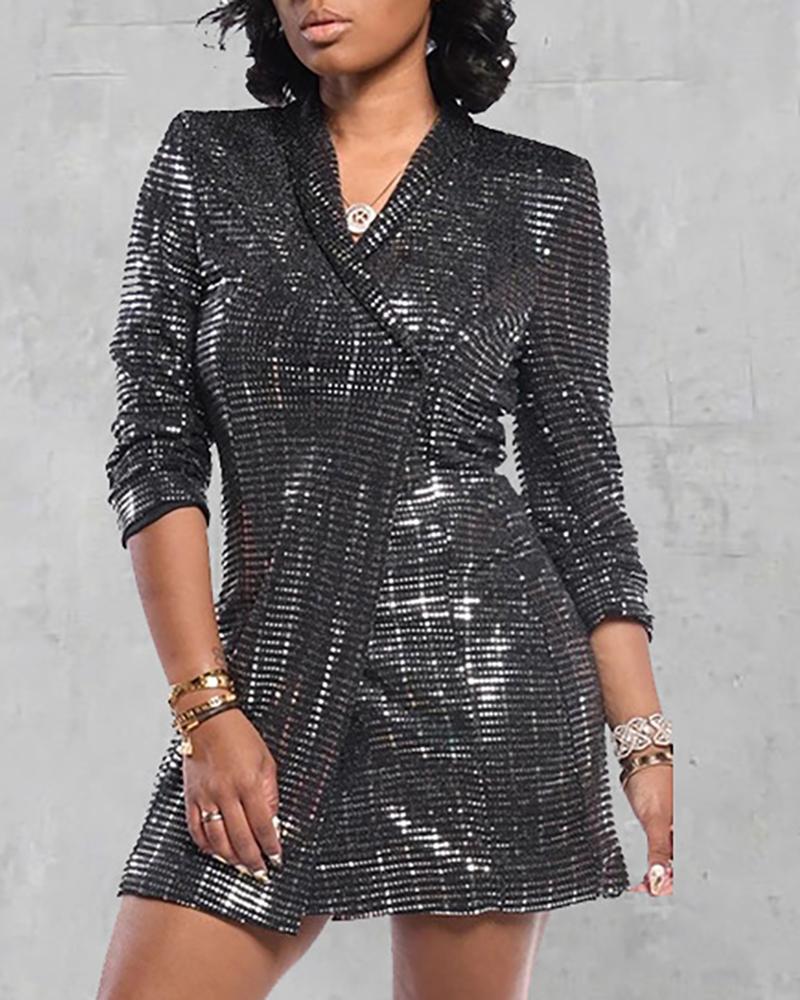 

Glitter Long Sleeve Sequins Blazer Dress, Silver