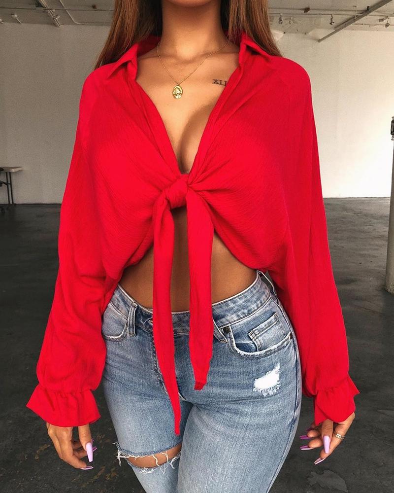 

Long Sleeve Knotted Design Blouse, Red