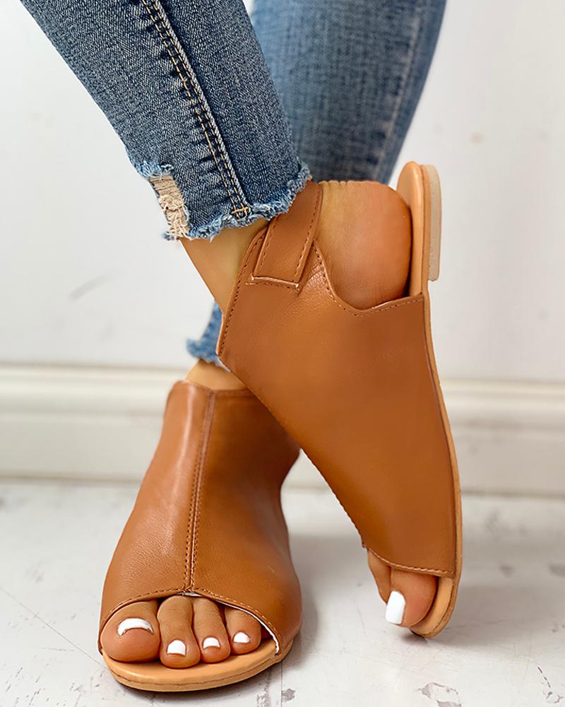 

Peep Toe Ankle Buckled PU Flat Sandals, Brown