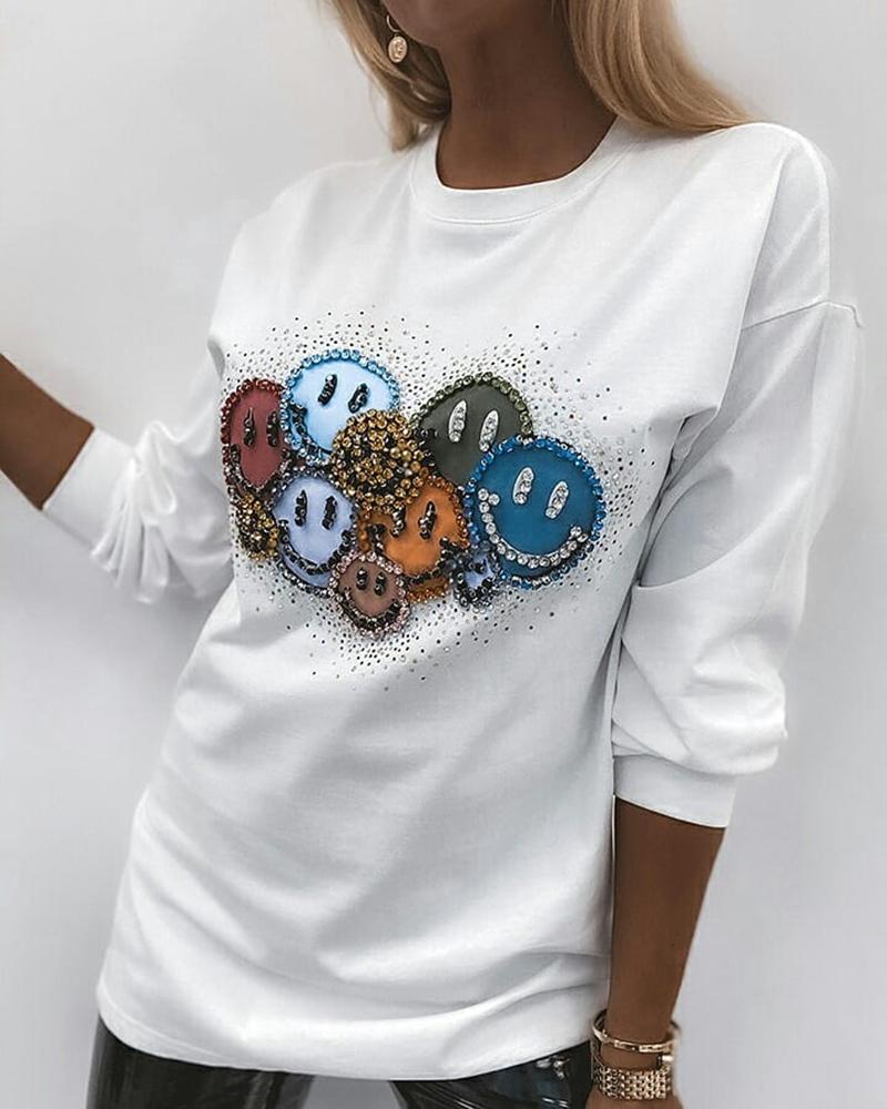 

Smile Face Pattern Studded Long Sleeve Top, White