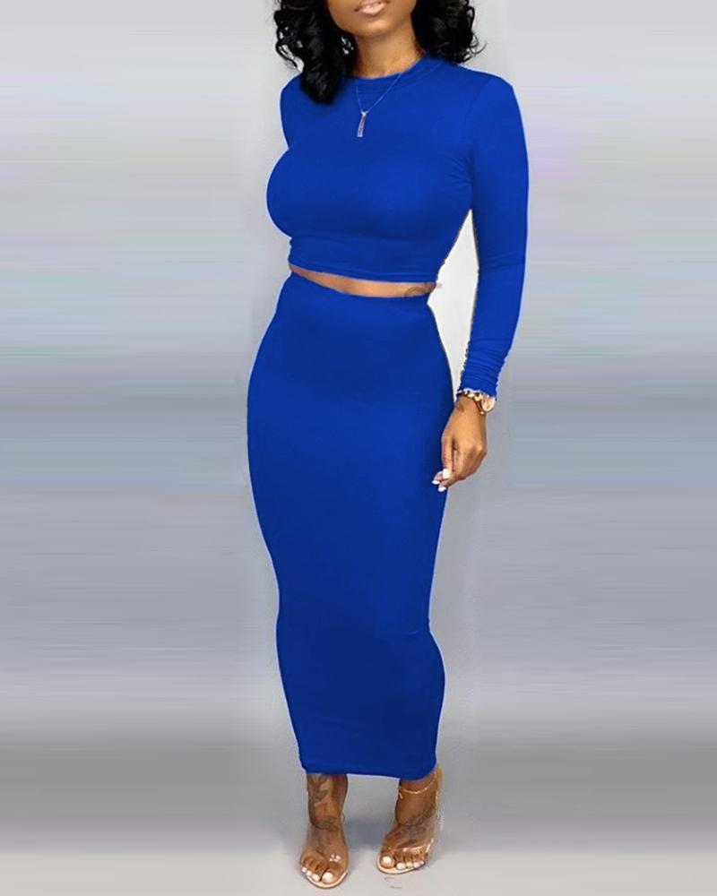 

Solid Round Neck Crop Top & Skirt Sets, Blue