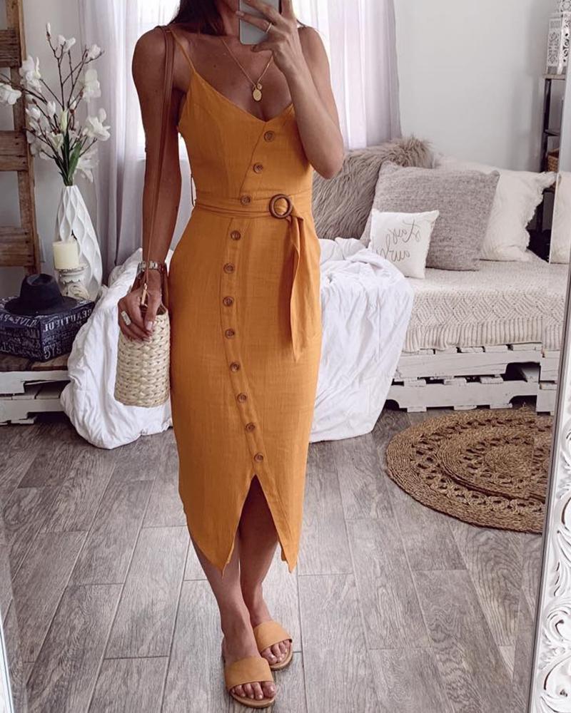 

Spaghetti Strap Buttoned Slit Casual Dress, Yellow